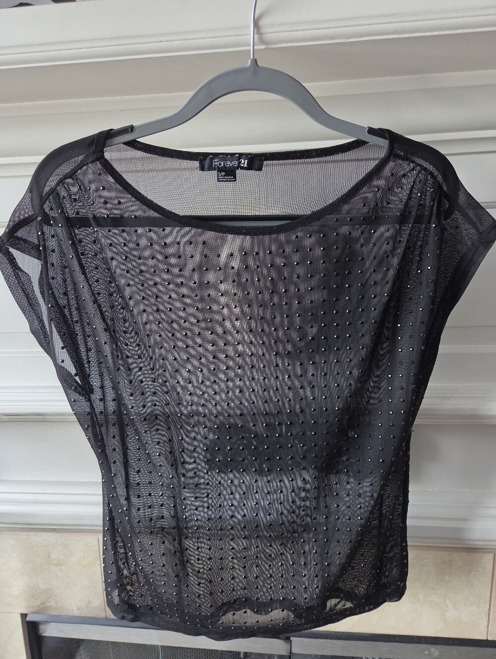 Forever 21 Black Rhinestone Mesh Sheer Top Size Small Festival Goth Y2K